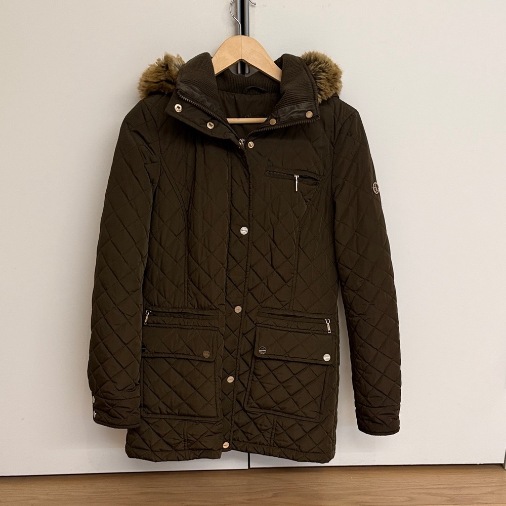 Calvin Klein Quilted Olive Jacket with Fur Hood